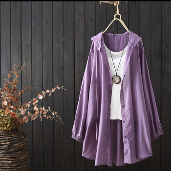 Női kapucnis hosszú ujjú ing, len- és poliészter keverék, egyszínű, laza casual stílus, vasalásmentes