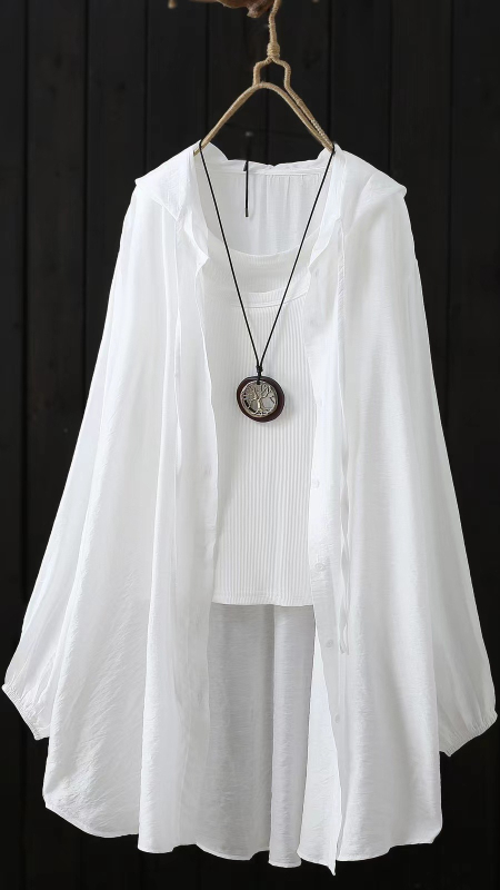 Női kapucnis hosszú ujjú ing, len- és poliészter keverék, egyszínű, laza casual stílus, vasalásmentes