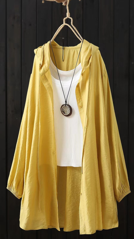 Női kapucnis hosszú ujjú ing, len- és poliészter keverék, egyszínű, laza casual stílus, vasalásmentes