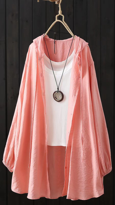 Női kapucnis hosszú ujjú ing, len- és poliészter keverék, egyszínű, laza casual stílus, vasalásmentes