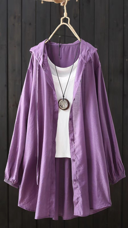 Női kapucnis hosszú ujjú ing, len- és poliészter keverék, egyszínű, laza casual stílus, vasalásmentes