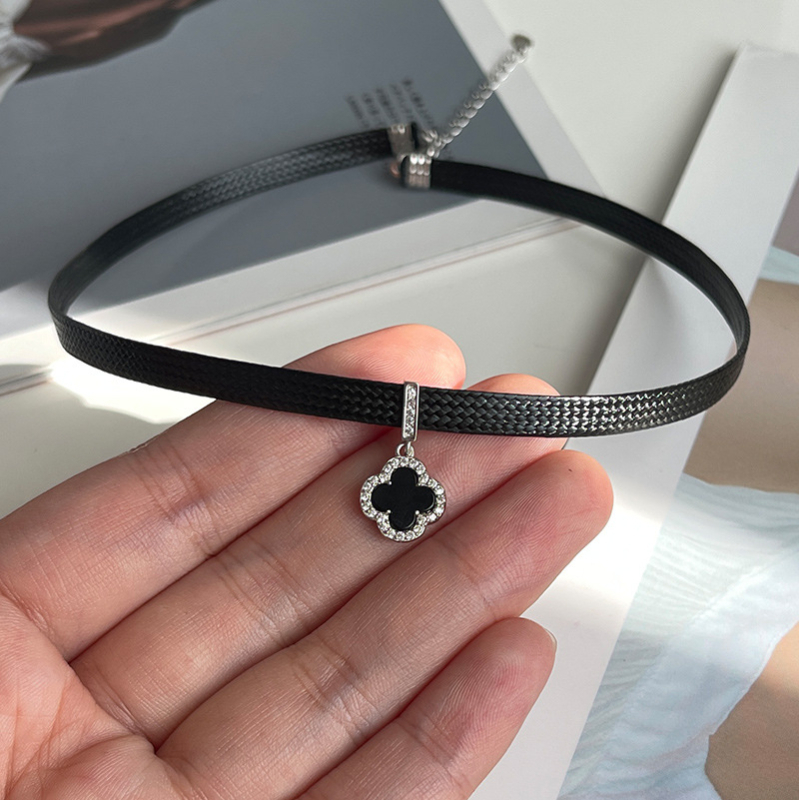 Srebro 925, ogrlica s četverolisnom djetelinom, crni kaiš za vrat, japansko-korejski stil, unisex