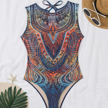 Costum de baie întreg pentru femei, protecție UV, uscare rapidă, fără mâneci, cu burete pentru bust, imprimeu geometric