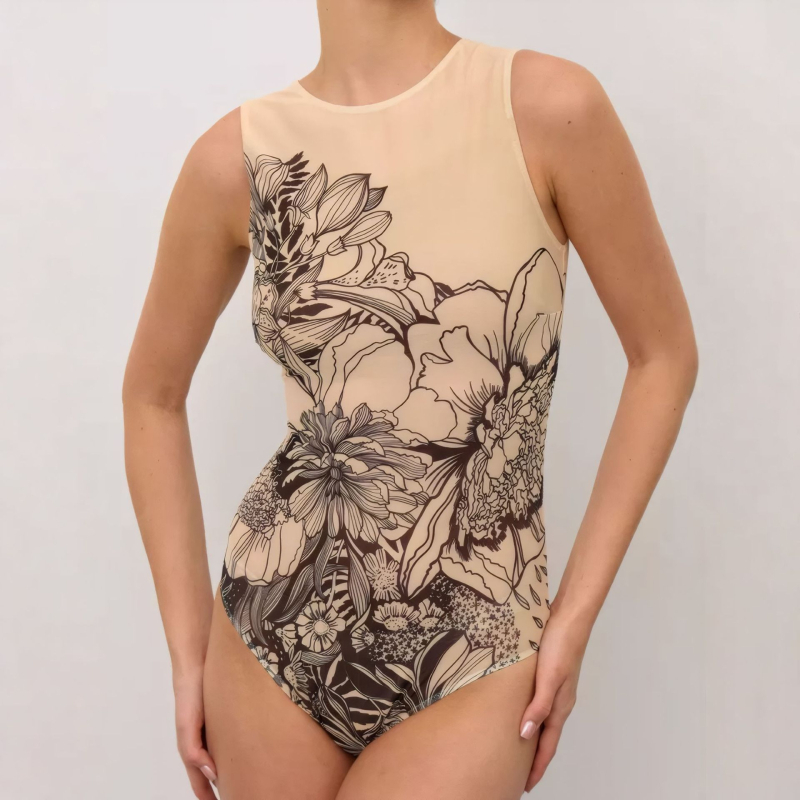 Costum de baie întreg pentru femei, protecție UV, uscare rapidă, fără mâneci, cu burete pentru bust, imprimeu geometric