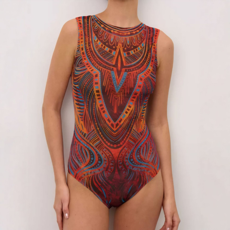 Costum de baie întreg pentru femei, protecție UV, uscare rapidă, fără mâneci, cu burete pentru bust, imprimeu geometric