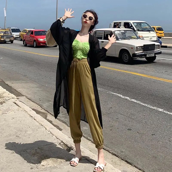 Плажен кардиган за бански, шифон/полиестер, дълги ръкави, яка поло, къс модел