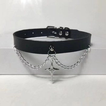 Colier-choker din piele cu pandantiv stea cu patru vârfuri, aliaj de zinc, lanț O, 41–50 cm, multi-strat, finisaj electroplate