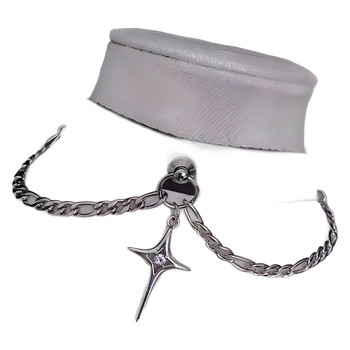 Colier-choker din piele cu pandantiv stea cu patru vârfuri, aliaj de zinc, lanț O, 41–50 cm, multi-strat, finisaj electroplate