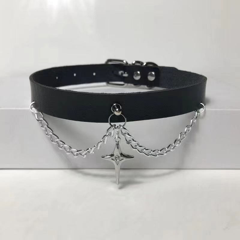 Colier-choker din piele cu pandantiv stea cu patru vârfuri, aliaj de zinc, lanț O, 41–50 cm, multi-strat, finisaj electroplate