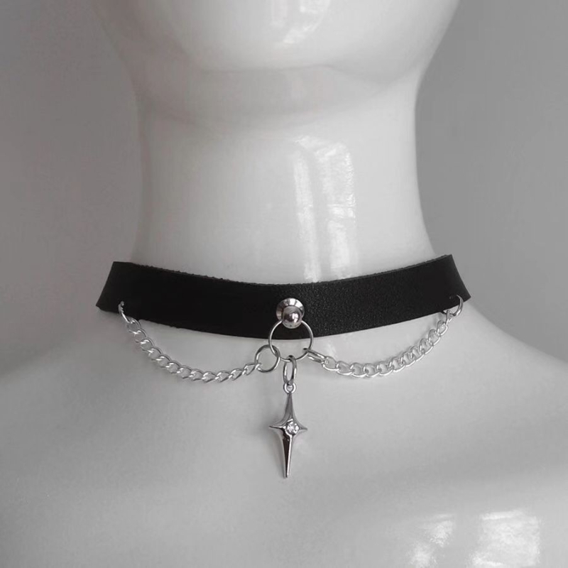 Colier-choker din piele cu pandantiv stea cu patru vârfuri, aliaj de zinc, lanț O, 41–50 cm, multi-strat, finisaj electroplate