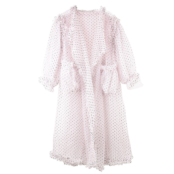 Плажна мрежеста рокля с дантела, кардиган стил, ръкави фенерче, яка на кукла (мрежеста тъкан; шарка: вълнообразни точки; стил: кардиган; ръкави: фенерче; яка: кукла)