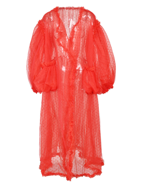 Плажна мрежеста рокля с дантела, кардиган стил, ръкави фенерче, яка на кукла (мрежеста тъкан; шарка: вълнообразни точки; стил: кардиган; ръкави: фенерче; яка: кукла)