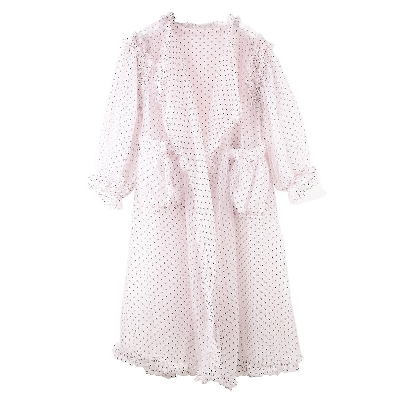 Плажна мрежеста рокля с дантела, кардиган стил, ръкави фенерче, яка на кукла (мрежеста тъкан; шарка: вълнообразни точки; стил: кардиган; ръкави: фенерче; яка: кукла)