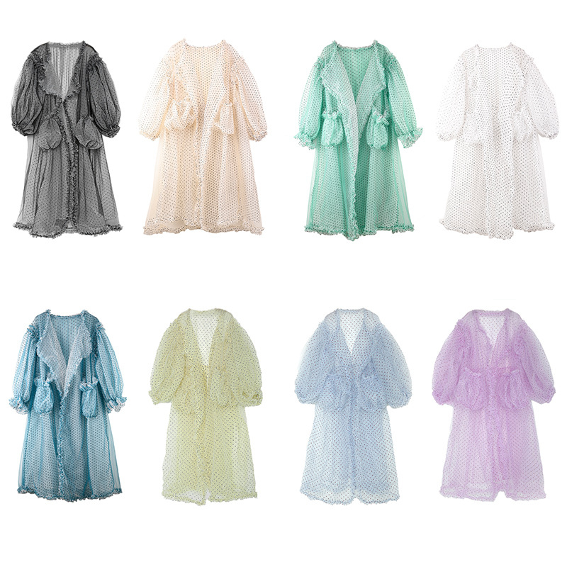 Плажна мрежеста рокля с дантела, кардиган стил, ръкави фенерче, яка на кукла (мрежеста тъкан; шарка: вълнообразни точки; стил: кардиган; ръкави: фенерче; яка: кукла)