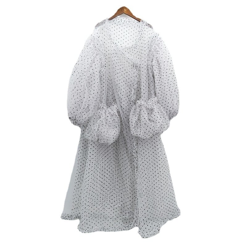 Плажна мрежеста рокля с дантела, кардиган стил, ръкави фенерче, яка на кукла (мрежеста тъкан; шарка: вълнообразни точки; стил: кардиган; ръкави: фенерче; яка: кукла)