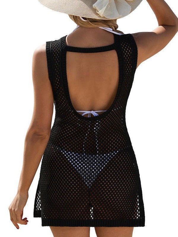 Ženski plažni prekrivac — šuplja pletenina, bez leđa, UV zaštita, 99% akrilna vlakna, 270 g, podstava: akrilna vlakna