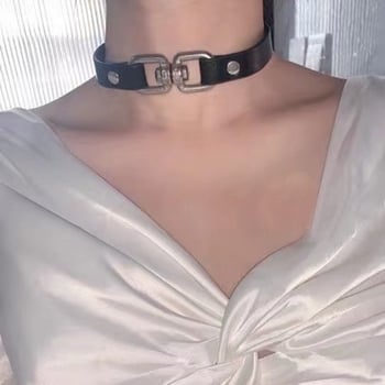 Чокър от кожа в панк стил с пръстеново закопчаване (Тип: Чокър; Материал: кожа; Закопчаване: пръстеново; Стил: панк; За: жени)