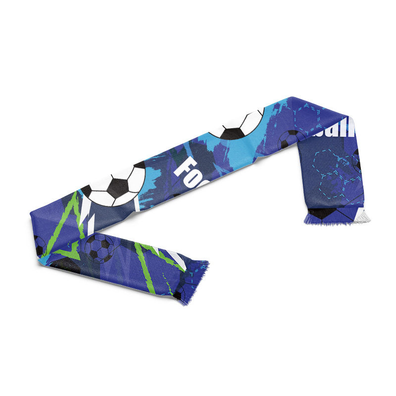 Șal personalizat pentru fanii fotbalului cu model de logo; Materiale: țesătură bird's-eye, acrilic, satin; Personalizabil; Tipărire logo disponibilă; Potrivit pentru fotbal și alte sporturi
