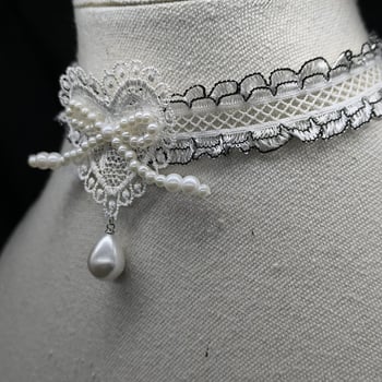 Чокър в стил яка с дантелена панделка и перлени акценти, сладък и свеж стил, дизайн в личностен тренд (Пролет 2025)