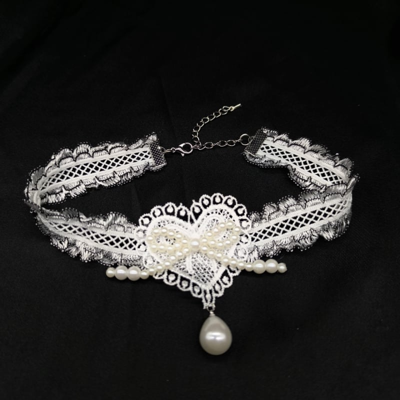 Чокър в стил яка с дантелена панделка и перлени акценти, сладък и свеж стил, дизайн в личностен тренд (Пролет 2025)