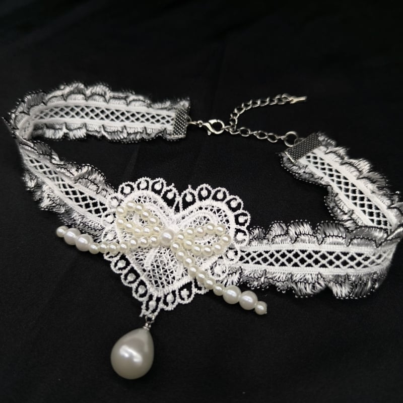 Чокър в стил яка с дантелена панделка и перлени акценти, сладък и свеж стил, дизайн в личностен тренд (Пролет 2025)