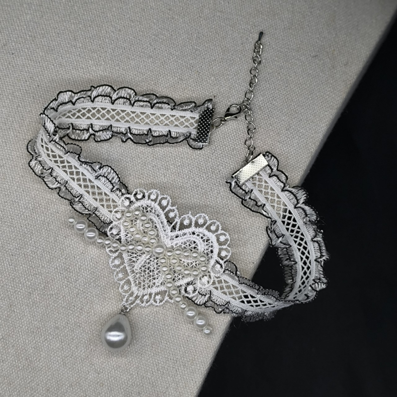 Чокър в стил яка с дантелена панделка и перлени акценти, сладък и свеж стил, дизайн в личностен тренд (Пролет 2025)