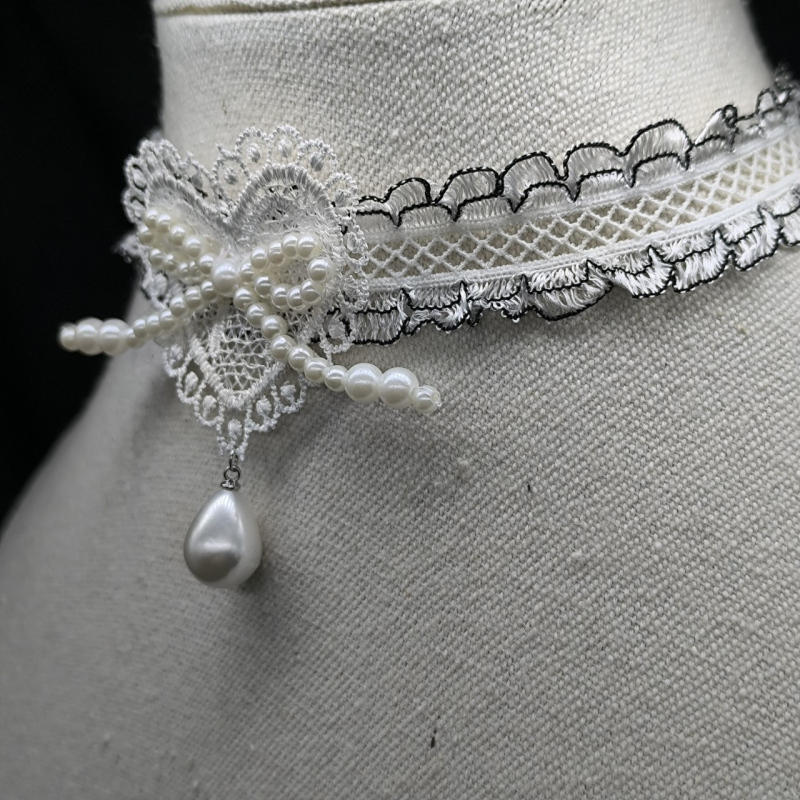 Чокър в стил яка с дантелена панделка и перлени акценти, сладък и свеж стил, дизайн в личностен тренд (Пролет 2025)