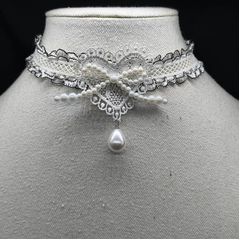Чокър в стил яка с дантелена панделка и перлени акценти, сладък и свеж стил, дизайн в личностен тренд (Пролет 2025)