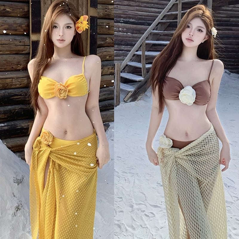 Ženski bikini za odmor na moru, floralni uzorak, seksi i elegantan stil, s punim gornjim dijelom i bez metalne potpore, donji dio u stilu briefs