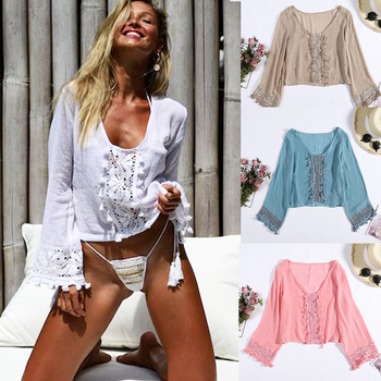 Plažni bikini top za prekrivanje sa zvonastim rukavima, čipka s resicama, udoban kroj, materijal: mješavina pamuka
