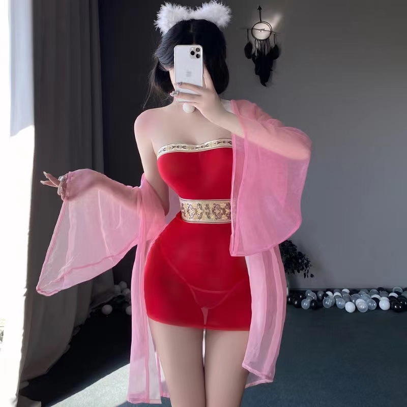 Hanfu inspirirani seksi set donjeg rublja s topom bez naramenica i hip-suknjom u uniformnom stilu za žene