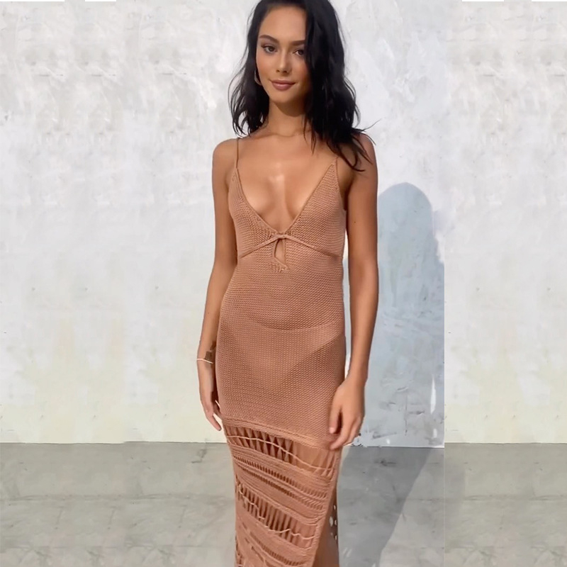 Duga plažna bluzica za prekrivanje s vezicama i resicama, šifon s elastanom, UPF50+ zaštita od sunca, bez rukava, uski kroj