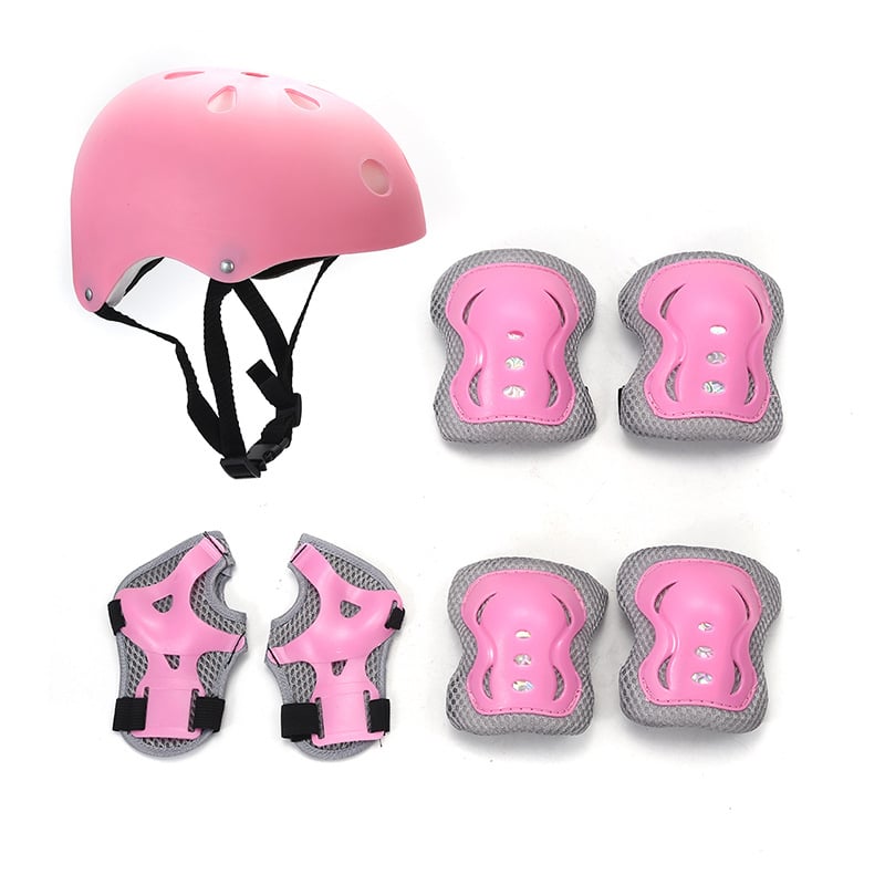 Детски комплект защитни протектори за ролери (7 части) – каска и протектори за длан, китка, глава, лакът и коляно; основен материал: полиестерно влакно