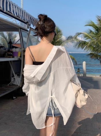 Женски кардиган от шифон, свободен силует, дълги ръкави с паднали рамене, поло яка