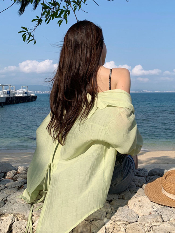 Женски кардиган от шифон, свободен силует, дълги ръкави с паднали рамене, поло яка