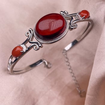 Brățară din argint S925 cu piatră încrustată, design deschis cu lanț extins, stil geometric