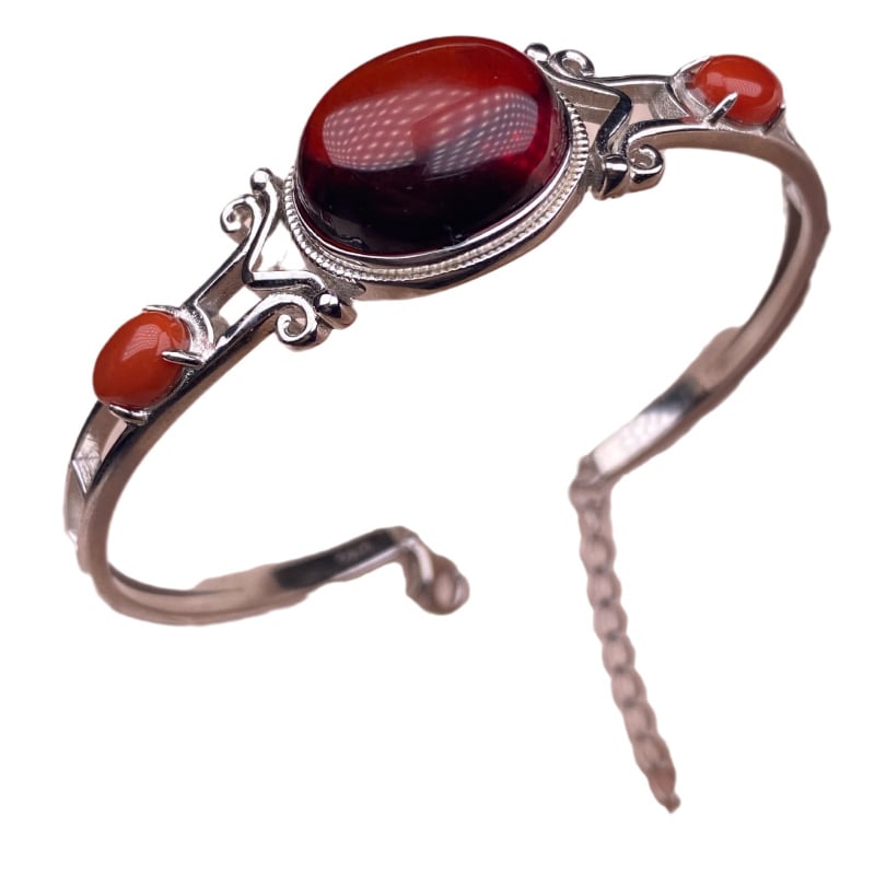 Brățară din argint S925 cu piatră încrustată, design deschis cu lanț extins, stil geometric