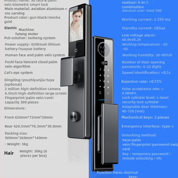 Inteligentná zámka s odtlačkom prsta a 3D rozpoznávaním tváre, model C10, kapacita ukladania odtlačkov 100, viac ako 200k odomknutí, čas skenovania 0.01 s