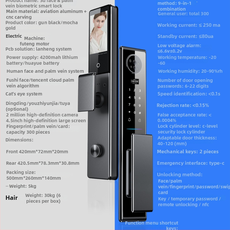 Inteligentná zámka s odtlačkom prsta a 3D rozpoznávaním tváre, model C10, kapacita ukladania odtlačkov 100, viac ako 200k odomknutí, čas skenovania 0.01 s