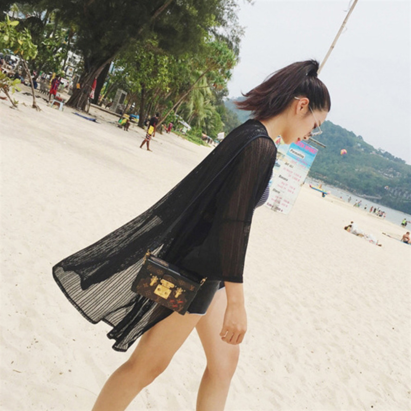 Мрежест шифонов кардиган-шал за плажен летен стил — едноцветен, средна дължина 65–80 см, половин ръкав, материя полиестер-еластан (95%+)