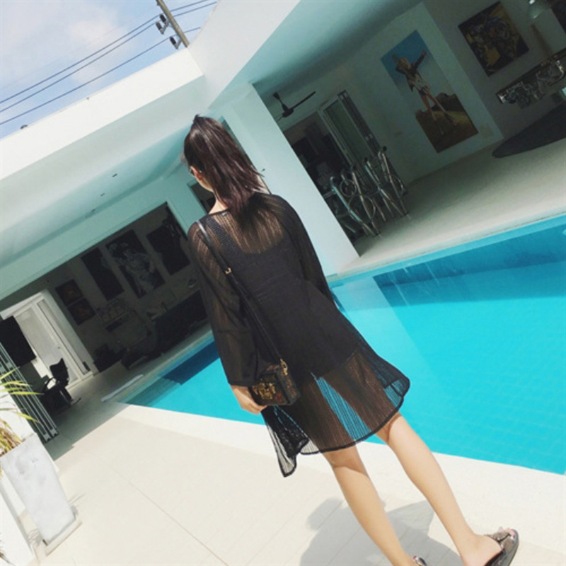 Мрежест шифонов кардиган-шал за плажен летен стил — едноцветен, средна дължина 65–80 см, половин ръкав, материя полиестер-еластан (95%+)