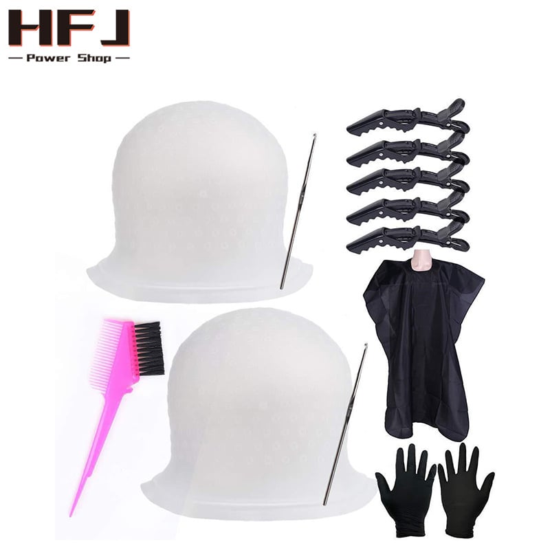 Hajfestés eszközeinek készlete szilikon kiemelő sapkával, hajfesték ecsettel, gumi kesztyűkkel, krokodil klipe és fodrász kötény – BARBERTOP; nettó tömeg 800 g; eredet Guangzhou; csomagolás 100 db
