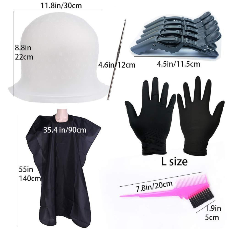 Hajfestés eszközeinek készlete szilikon kiemelő sapkával, hajfesték ecsettel, gumi kesztyűkkel, krokodil klipe és fodrász kötény – BARBERTOP; nettó tömeg 800 g; eredet Guangzhou; csomagolás 100 db