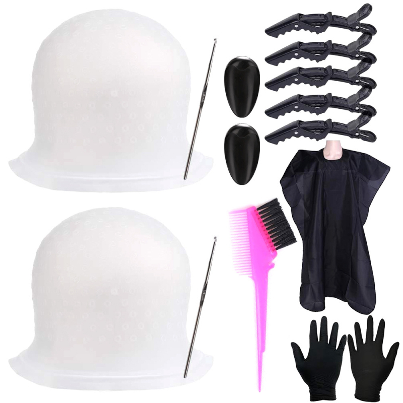 Hajfestés eszközeinek készlete szilikon kiemelő sapkával, hajfesték ecsettel, gumi kesztyűkkel, krokodil klipe és fodrász kötény – BARBERTOP; nettó tömeg 800 g; eredet Guangzhou; csomagolás 100 db