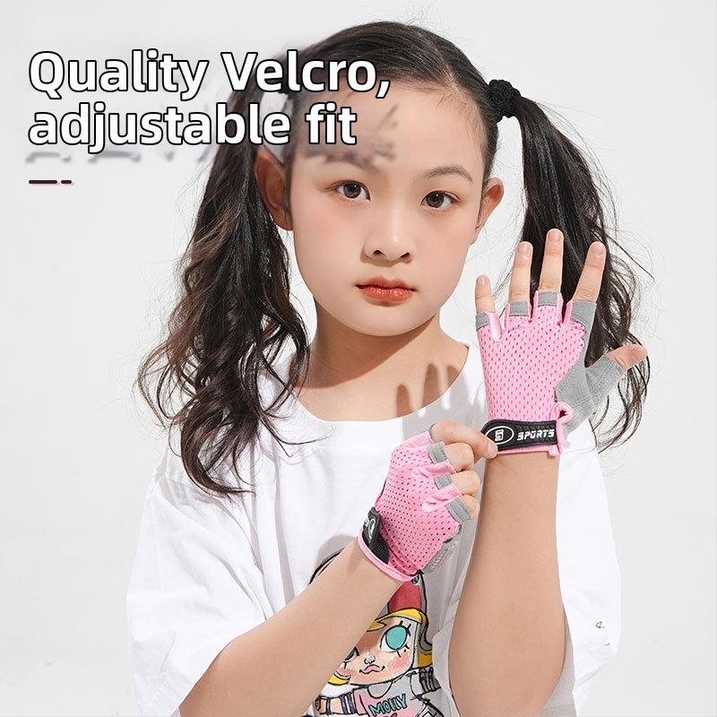 Cyklistické rukavice protišmykové, polovičné prsty, sieťovinový materiál motýľového typu, pre vek 5–12, leto