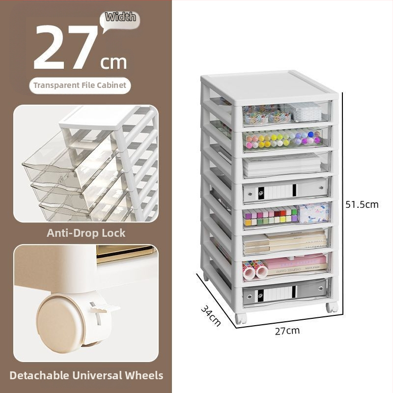 Skriňa na uloženie pod stolom s priehľadným pojazdným regálom, 10-úrovňová skriňa na archívy, model 8671, plast