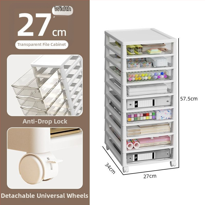 Skriňa na uloženie pod stolom s priehľadným pojazdným regálom, 10-úrovňová skriňa na archívy, model 8671, plast