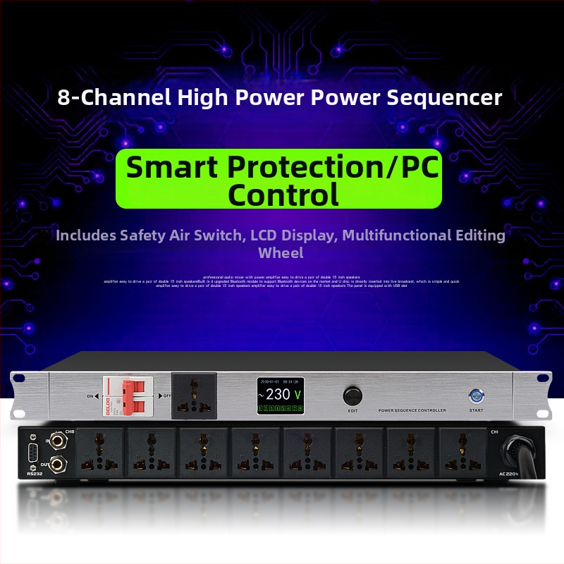 MULIVOX SR-328: 8-kanalni sekvencer napajanja za pozornicu i konferencije, upravljač visokoučinkovitim utičnicama, 10000W