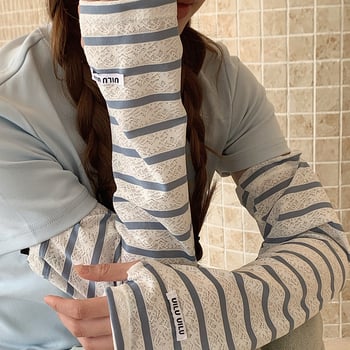 Слънцезащитни охлаждащи ръкави с райета и дантелен маншет — за открити занимания (полиестерно влакно · пролет 2025 · минималистичен стил · UV защита)