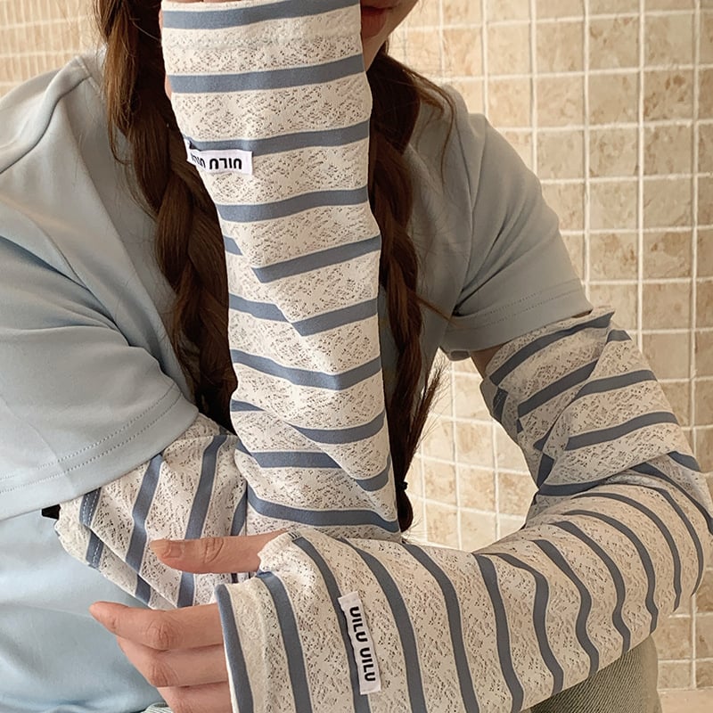 Слънцезащитни охлаждащи ръкави с райета и дантелен маншет — за открити занимания (полиестерно влакно · пролет 2025 · минималистичен стил · UV защита)